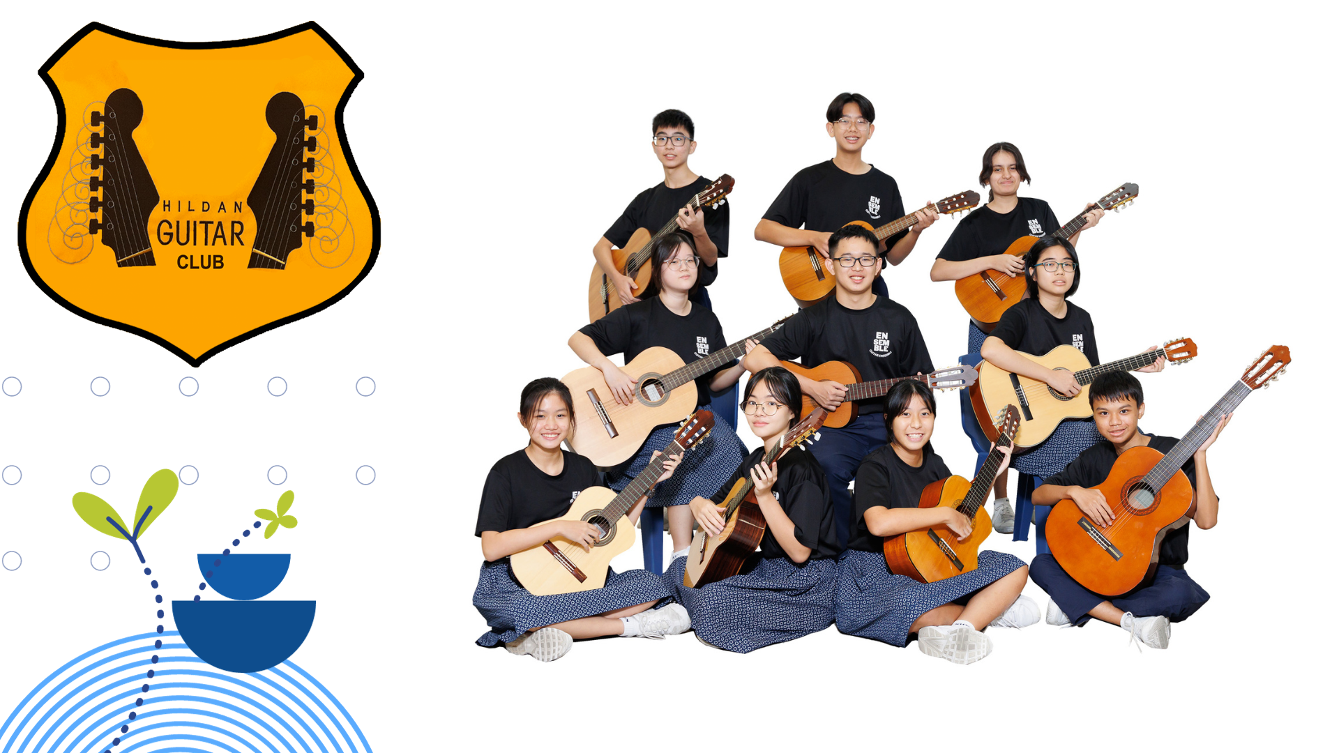 Nine students in black shirts holding acoustic guitars pose in rows beside the Hildan Guitar Club badge.